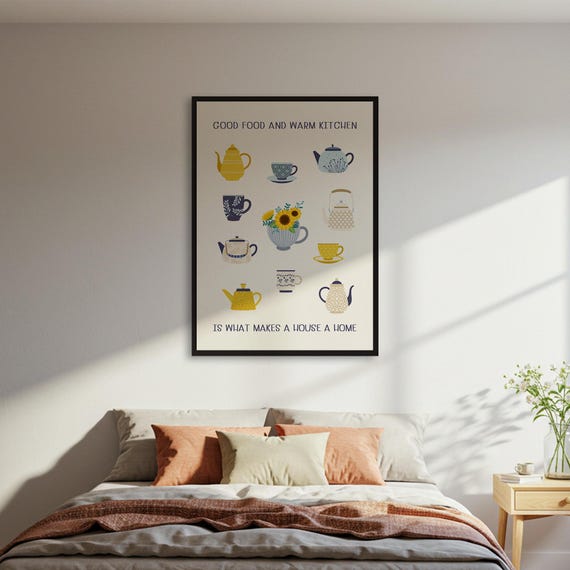 Good Food Warm Kitchen Poster Teapot And Cup Wall Art Home Quote Print Decor Housewarming Gift Framed Or Unframed