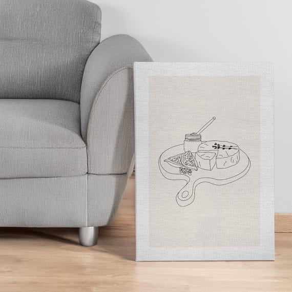 Minimalist Cheese Board Canvas Wall Art With Honey Jar And Fig Line Drawing Neutral Kitchen Or Dining Room Decor Framed Food Sketch Print