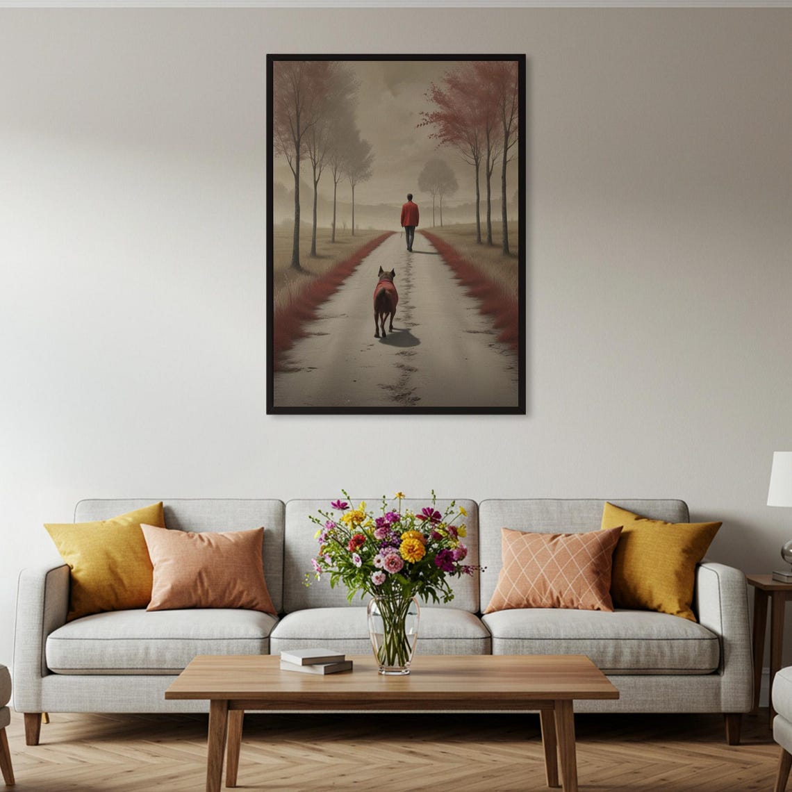 Man Walking Dog Autumn Road Misty Serene Landscape Painting Poster - Image 2