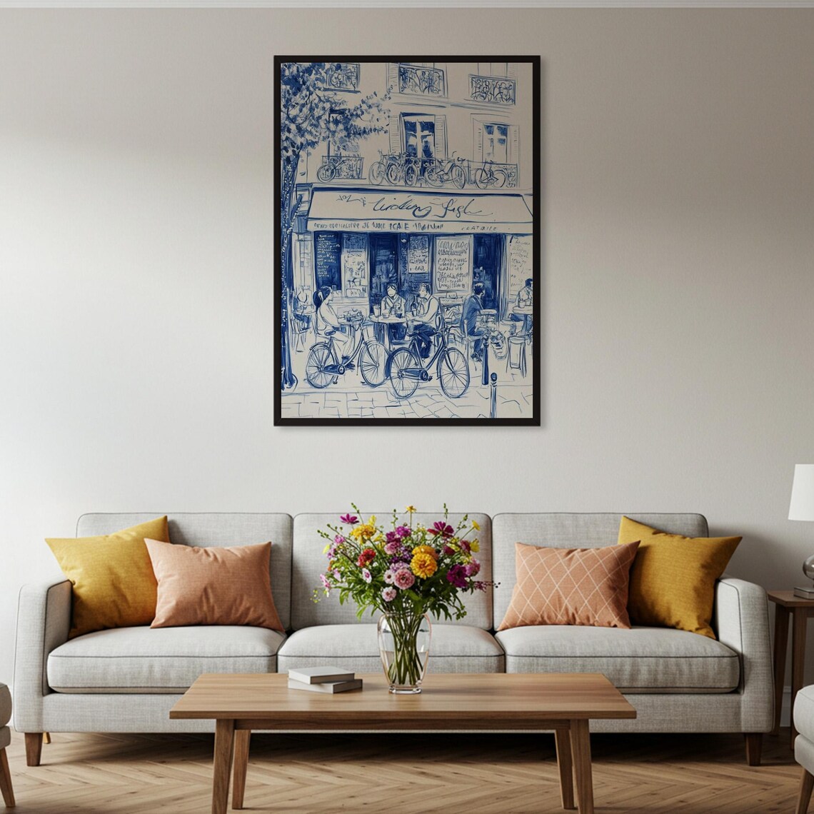 Paris Cafe Street Blue Ink Sketch Bicycles European Travel Poster - Image 2