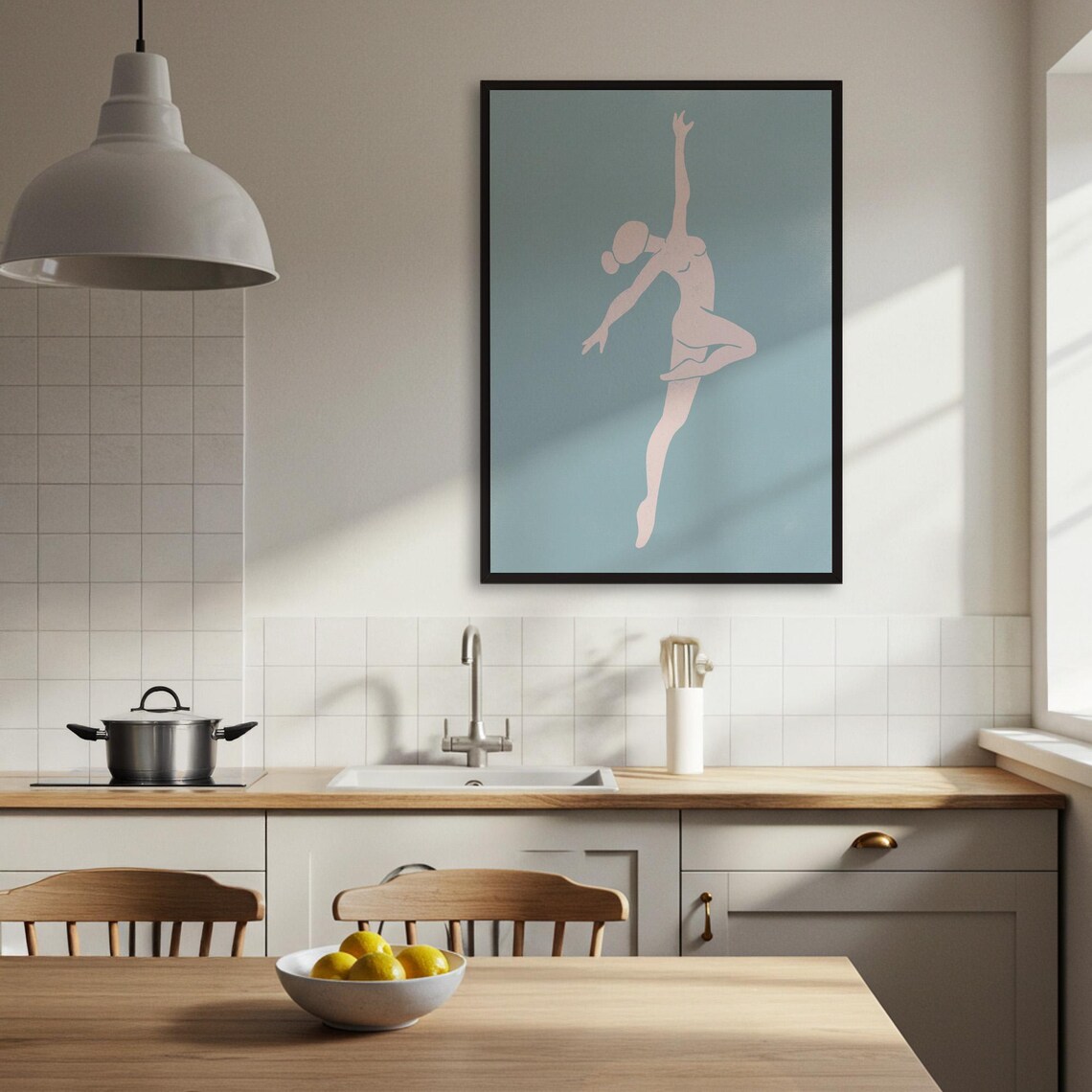 Minimalist Ballet Dancer Silhouette Leaping on Dusty Blue Modern Art Poster - Image 3