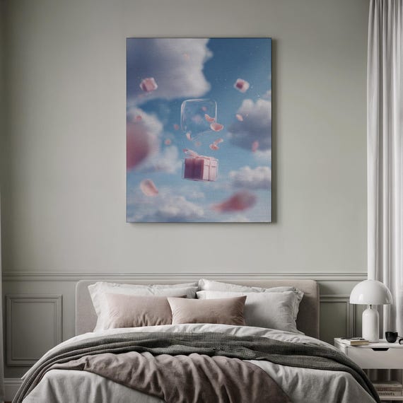Surreal Gift Box Art Dreamy Cloud Print Framed Whimsical Decor Floating Present Canvas Sky Message Wall Ethereal Celebration