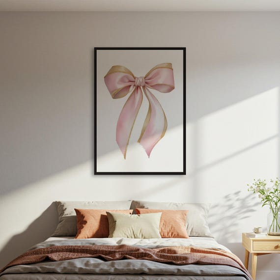 Pink Ribbon Bow Poster Watercolor Gold Edge Art Print Elegant Feminine Wall Girly Pretty Decor