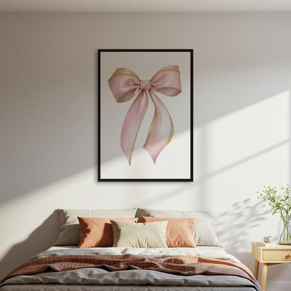 Pink Watercolor Ribbon Bow with Gold Trim Girly Nursery Art Poster