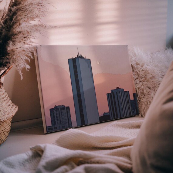 Modern City Skyline At Dusk Pink Sunset Urban Tower Art Poster