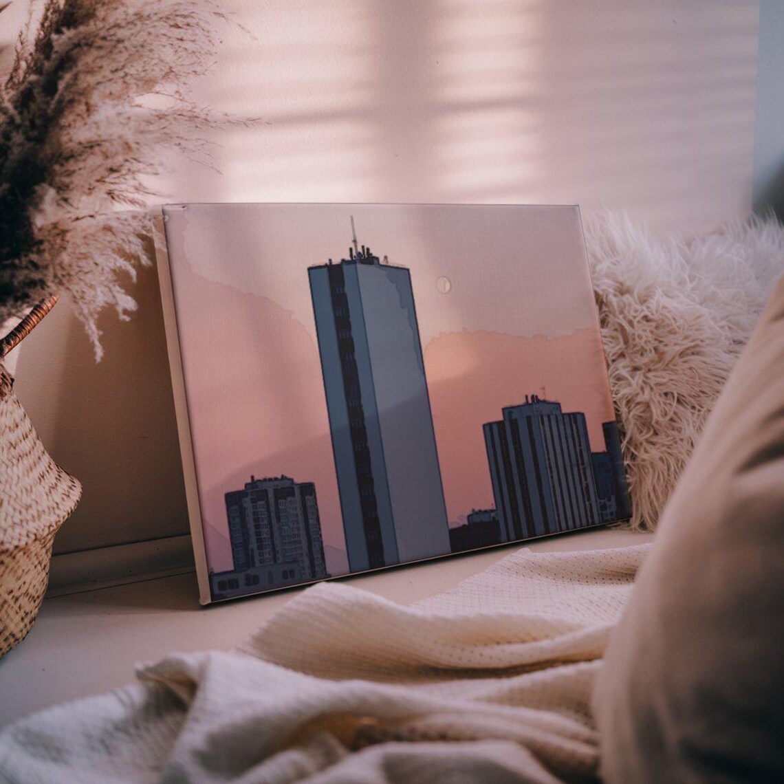 Modern City Skyline At Dusk Pink Sunset Urban Tower Art Poster