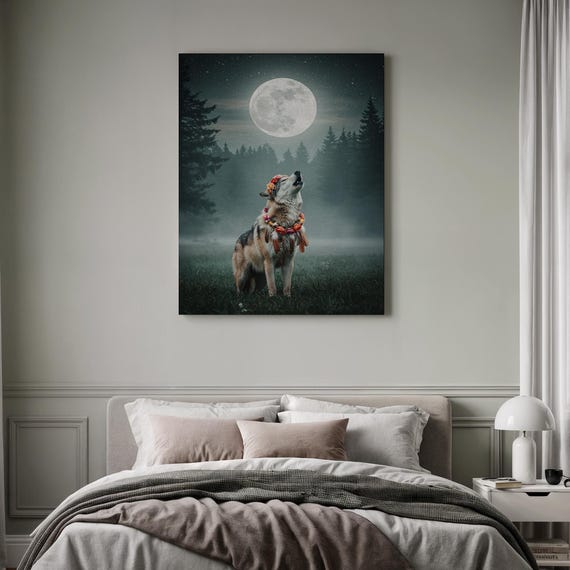 Wolf Howling Scene Full Moon Forest Animal Painting Display Bohemian Living Feature Rustic Wall Accent Midnight Wilderness Vibe