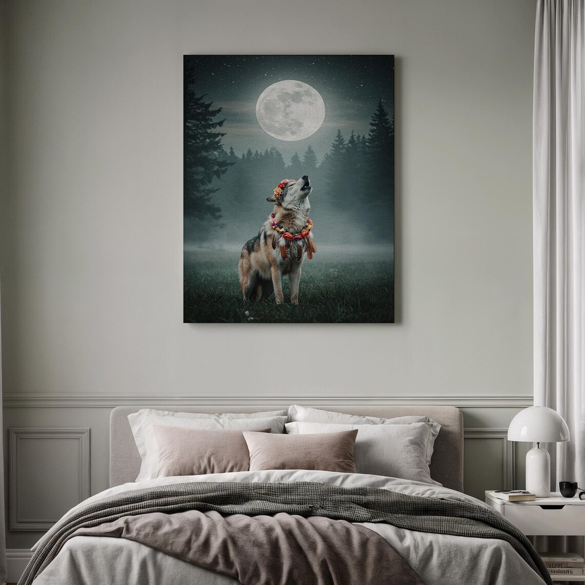 Bohemian Wolf Howling at Full Moon Flower Crown Misty Forest Art Poster