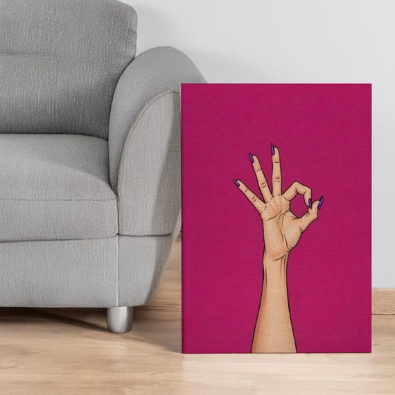Ok Hand Sign Pop Art Canvas Print Bold Comic Style Wall With Hot Pink Background Empowerment Symbol For Office Dorm Or Gift