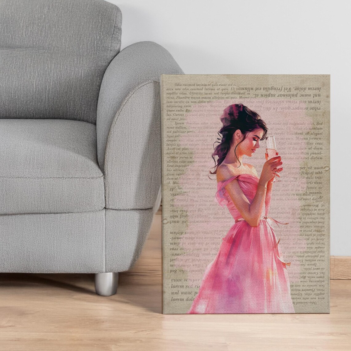 Romantic Woman In Pink Dress With Vintage Text Background Poster