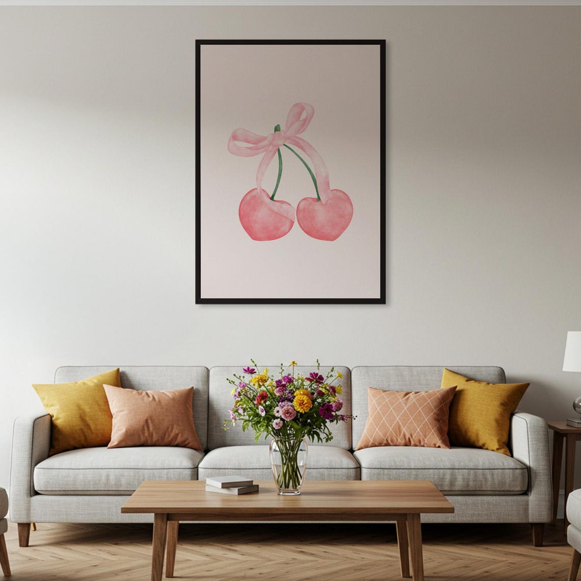 Pink Cherries Ribbon Bow Watercolor Coquette Kitchen Decor Poster - Image 2