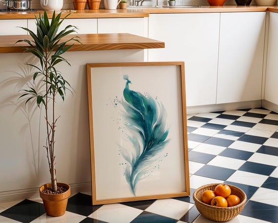 Watercolour Peacock Wall Art Teal Blue Bird Print Elegant Minimalist Animal Artwork Modern Nature Dcor Boho Luxury Poster