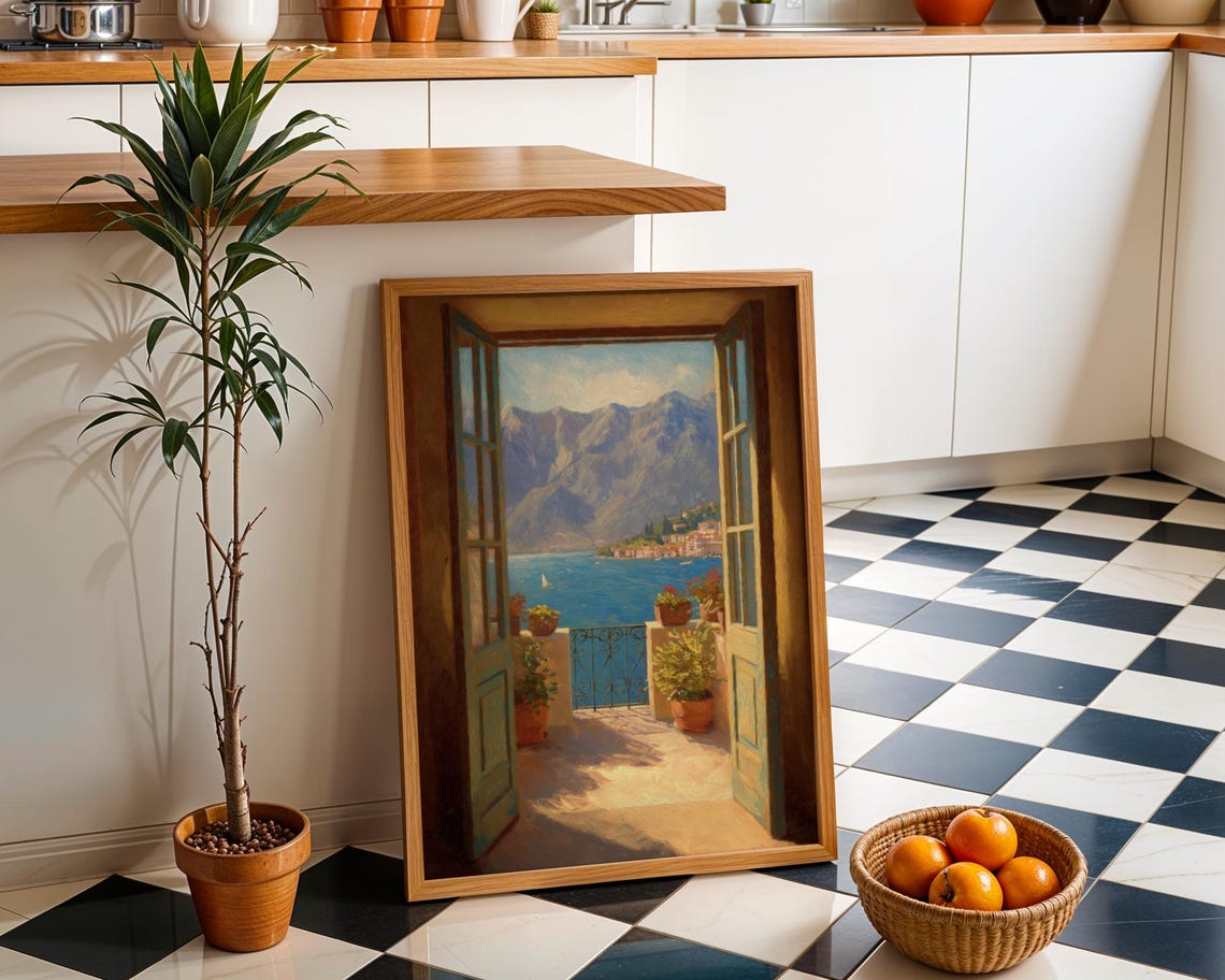 Open Shutters Overlooking Mountain Lake With Potted Plants Poster