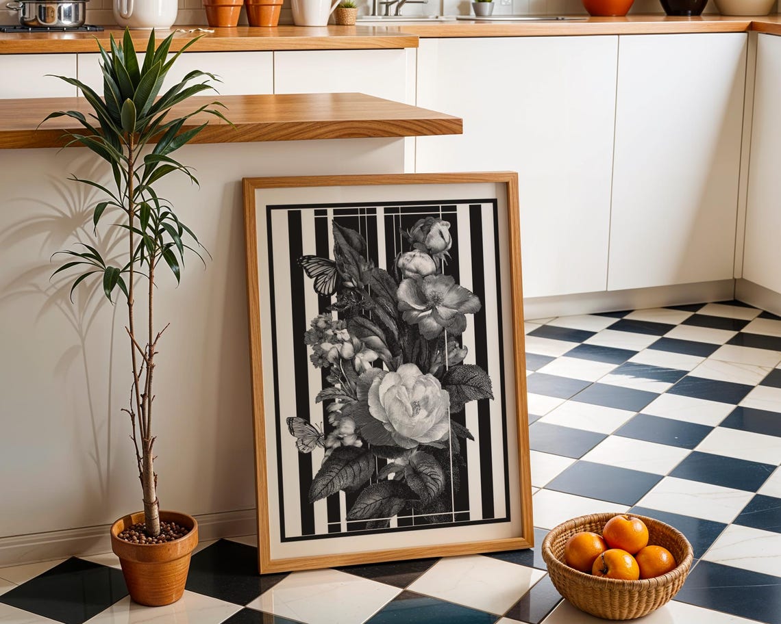Black And White Floral Bouquet With Butterflies Stripes Poster
