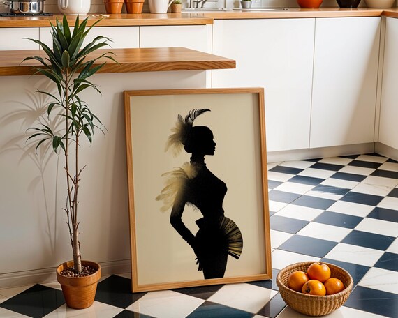 Burlesque Showgirl Silhouette Gold Feather Fan Vintage Glam Art Poster