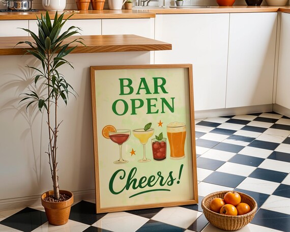 Bar Open Cheers Retro Cocktail Illustrations Home Bar Poster
