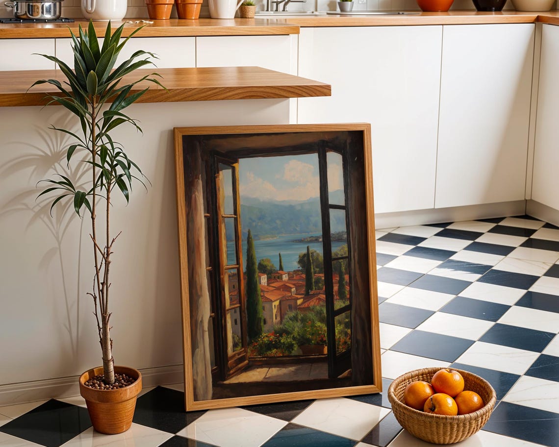 Italian Lake View Through Shuttered Window Oil Painting Poster