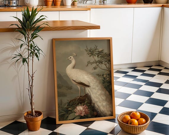 White Peacock Wall Art Neutral Boho Bird Print Elegant Nature Illustration Minimalist Botanical Dcor Modern Living Room Artwork