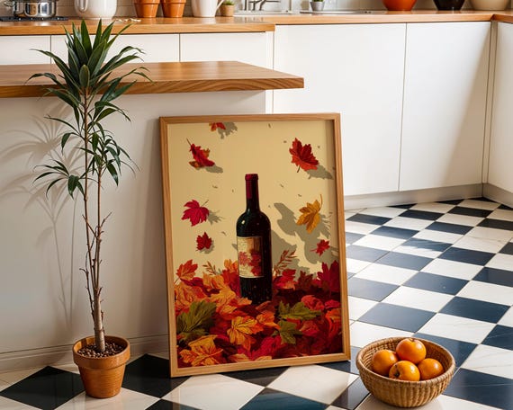 Autumn Wine Bottle Print Rustic Fall Floral Kitchen Wall Art Poster