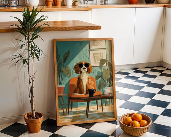Coffee Dog Art Print Cool With Sunglasses Wall Funny Lover Dcor Whimsical Illustration Retro Caf Style Artwork
