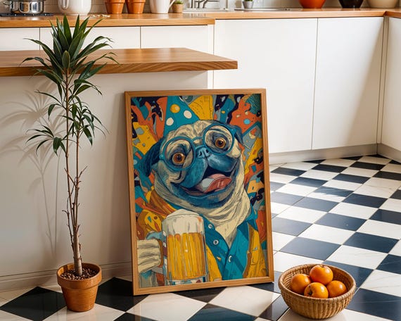 Party Pug Beer Art Print Funny Wall Colourful Dog Illustration Lover Gift Whimsical Drinking Dcor Bar