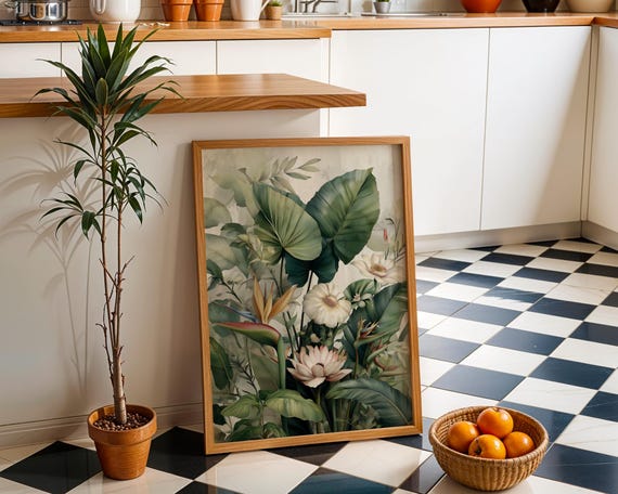 Watercolor Tropical Botanical Print Lush Green Leaves Exotic Flowers Wall Art Jungle Plant Poster Nature Boho Home Dcor