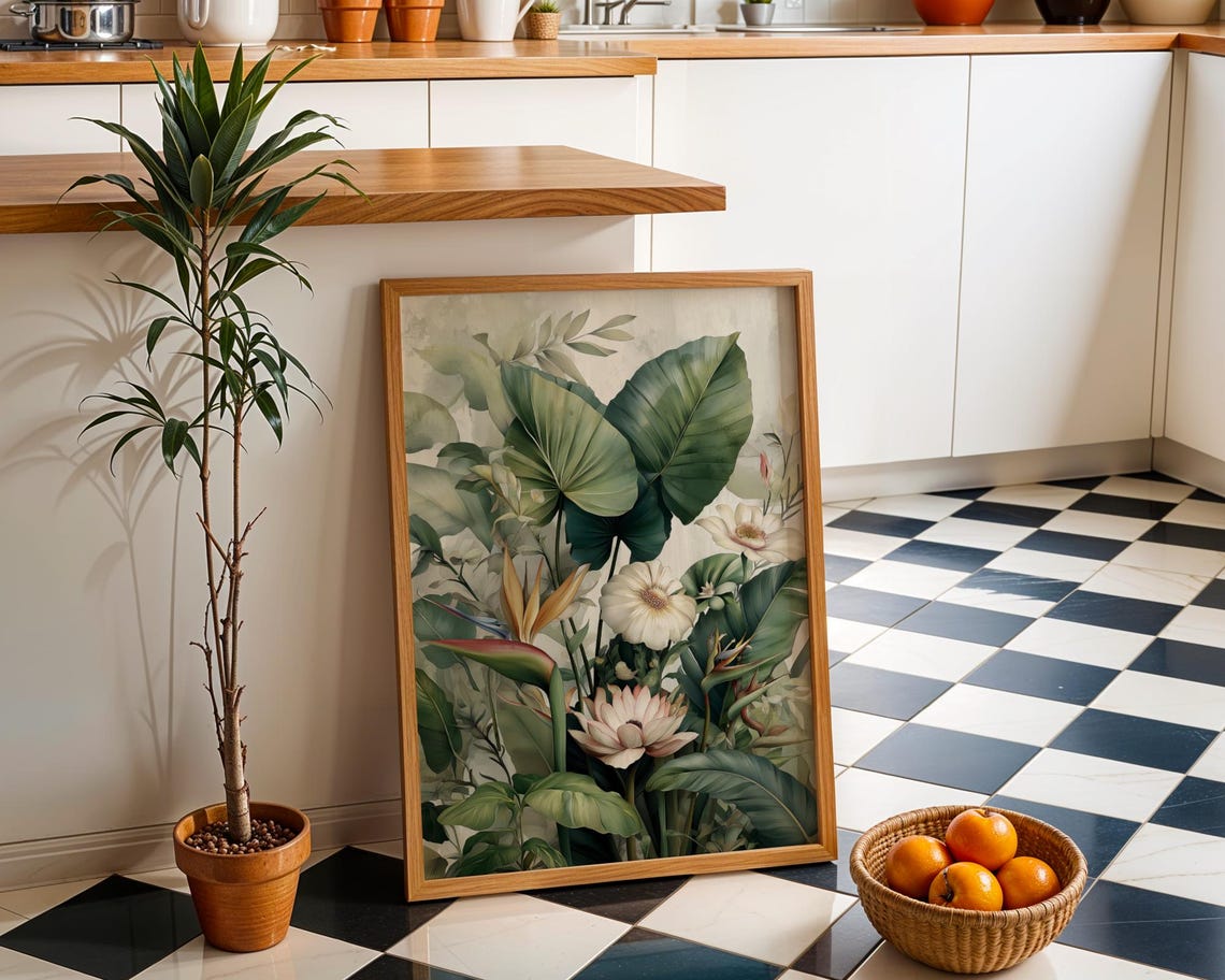 Watercolor Tropical Botanical Print Lush Green Leaves Exotic Flowers