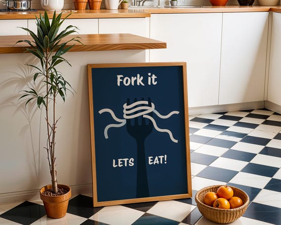 Fork It Lets Eat Funny Pasta Kitchen Wall Art Print Quote Poster Blue
