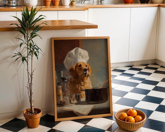 Chef Dog Art Print Golden Retriever Cooking Wall Funny Kitchen Dcor Whimsical Illustration Cute Culinary Artwork