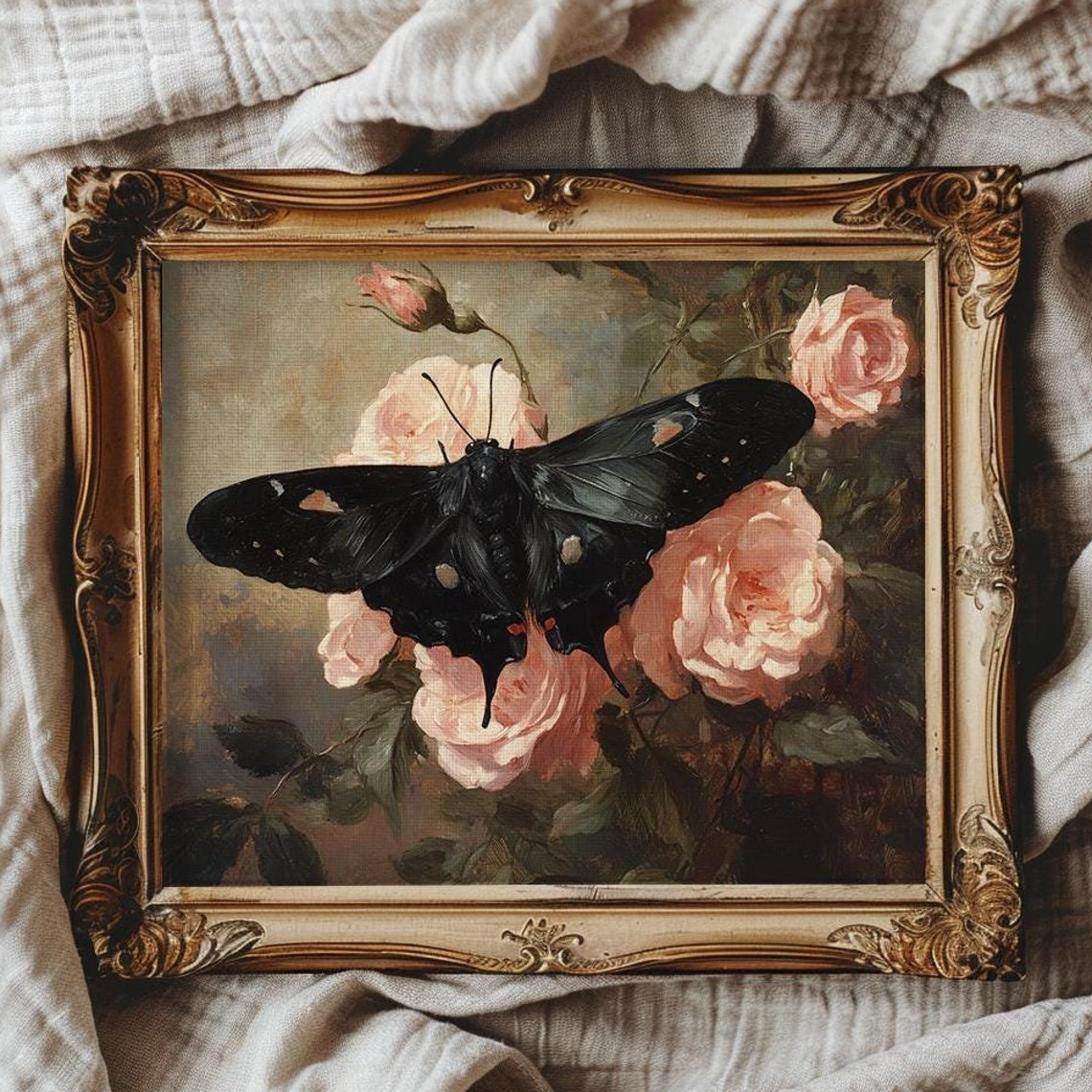 Black Moth Resting on Blush Pink Roses Dark Botanical Art Poster