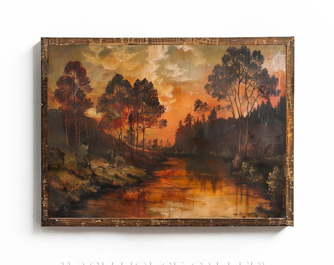 Fiery Sunset Over River Autumn Trees Vintage Landscape Poster