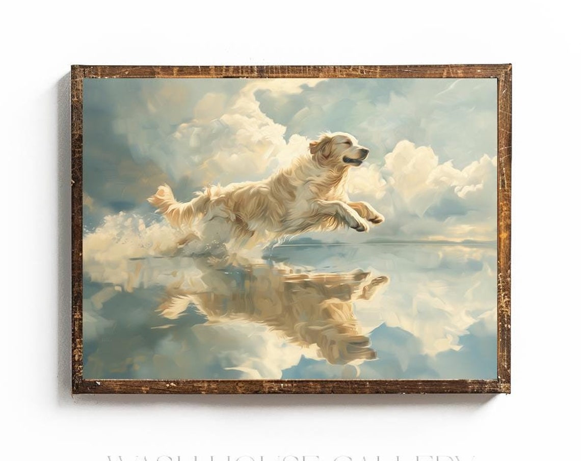 Golden Retriever Leaping Over Water Reflection Dreamy Dog Poster
