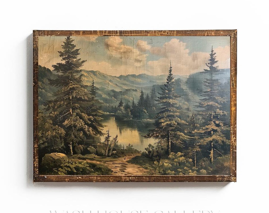 Vintage Misty Mountain Lake Surrounded by Pine Forest Poster