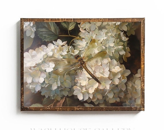 Dragonfly Painting Print Cottagecore Hydrangea Botanical Print Vintage Dragonfly Print Dark Academia Decor For Cottage Kitchen Dragonfly Art