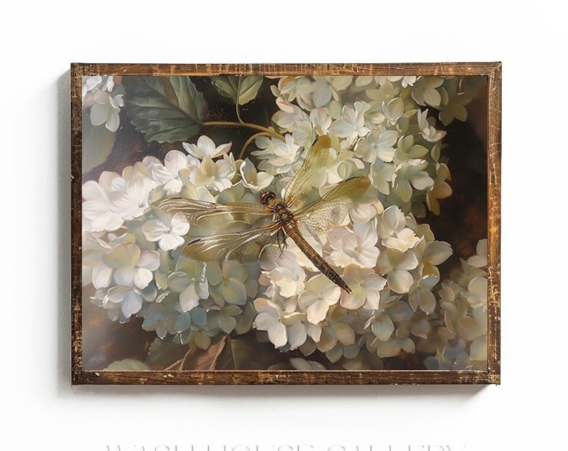 Dragonfly Resting on White Hydrangeas Vintage Botanical Poster