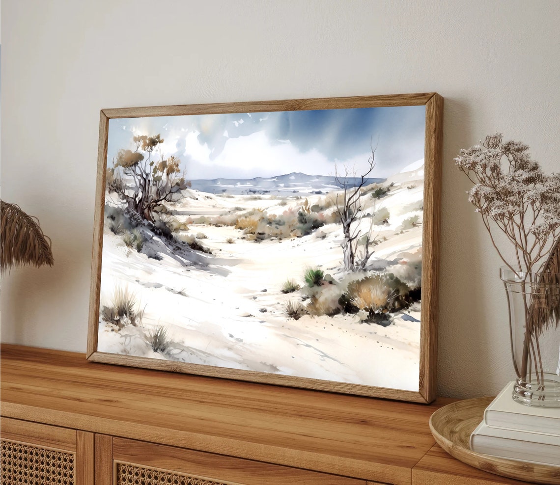 White Sand Dunes Watercolor with Desert Trees and Shrubs Poster - Image 3