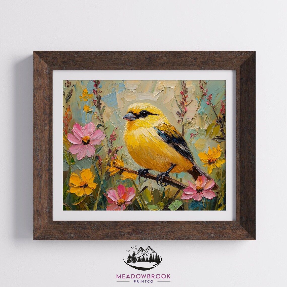 Goldfinch Bird Among Pink and Yellow Cosmos Flowers Impasto Poster - Image 2