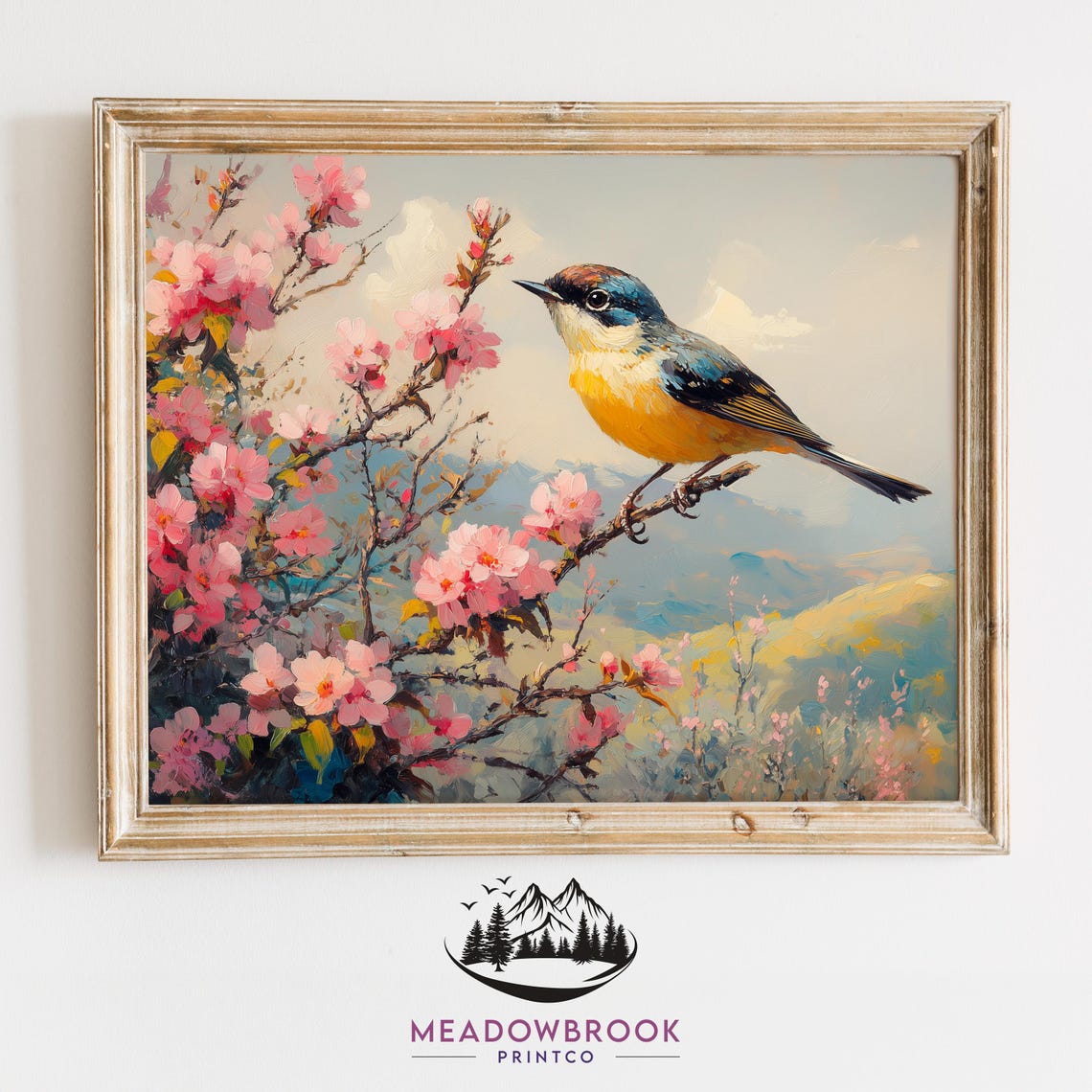 Finch Bird on Pink Spring Blossom Branch With Soft Mountain View Art