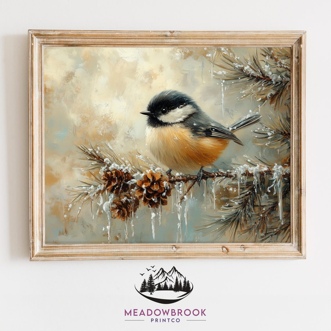 Chickadee Bird on Icy Pine Branch With Pinecones Winter Snow Scene
