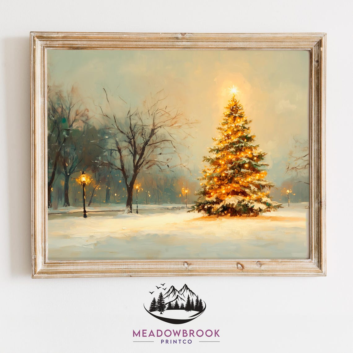 Glowing Christmas Tree In Snowy Park Winter Evening Holiday Art Poster