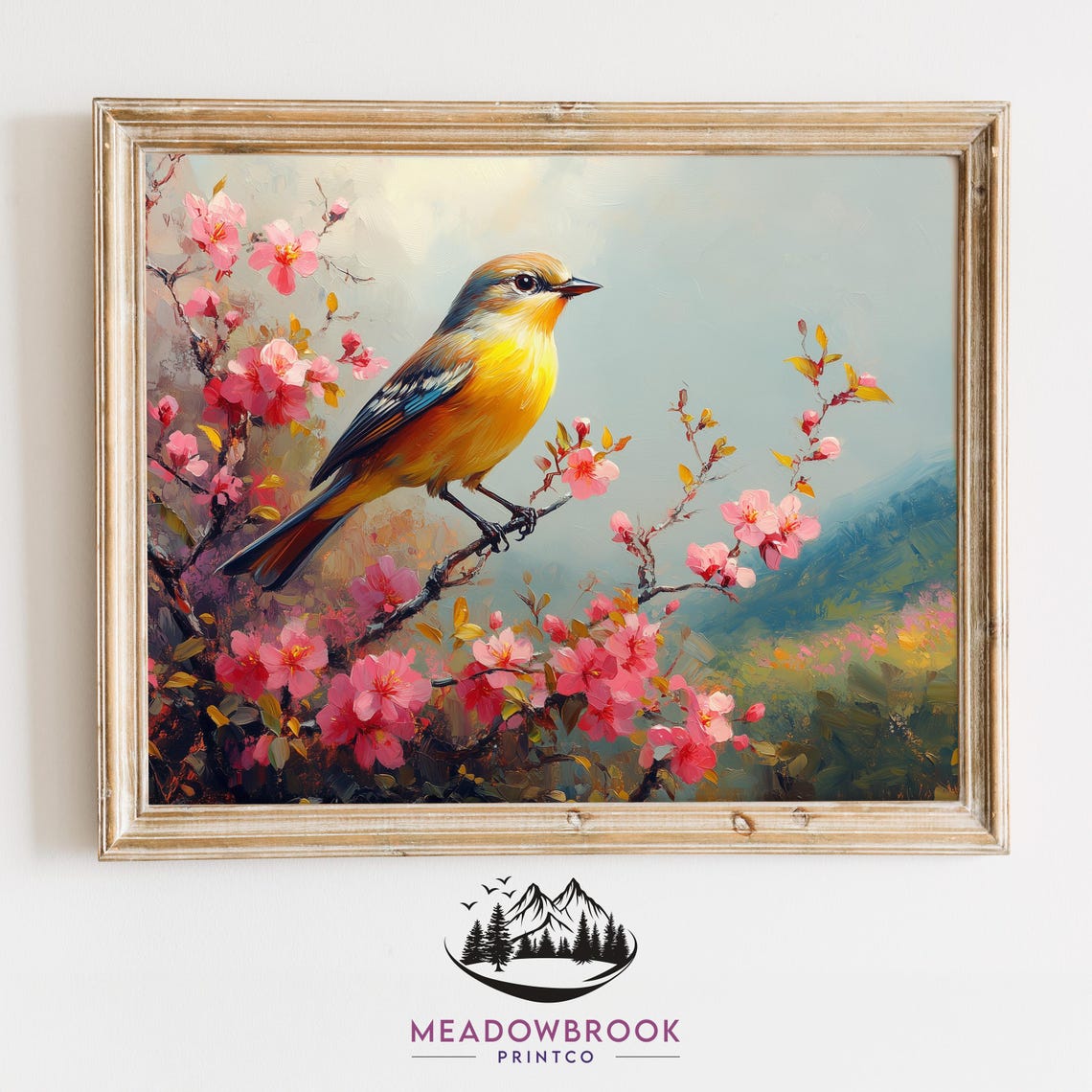 Finch Bird on Pink Blossom Branch Over Soft Spring Valley View Poster
