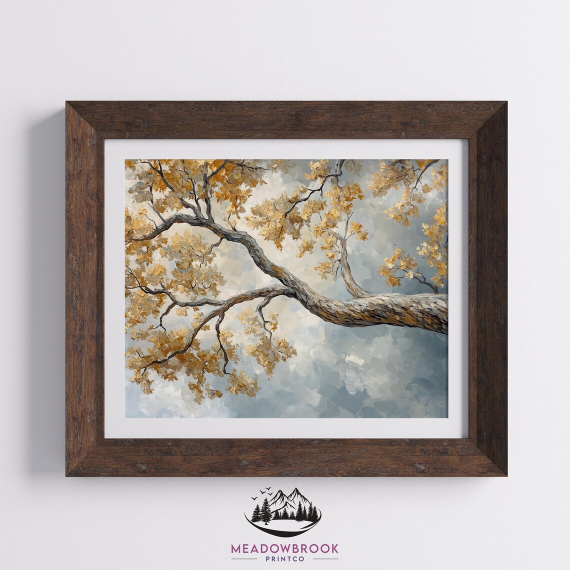 Gnarled Oak Branch With Golden Autumn Leaves Against Blue Sky Wall Art - Image 2