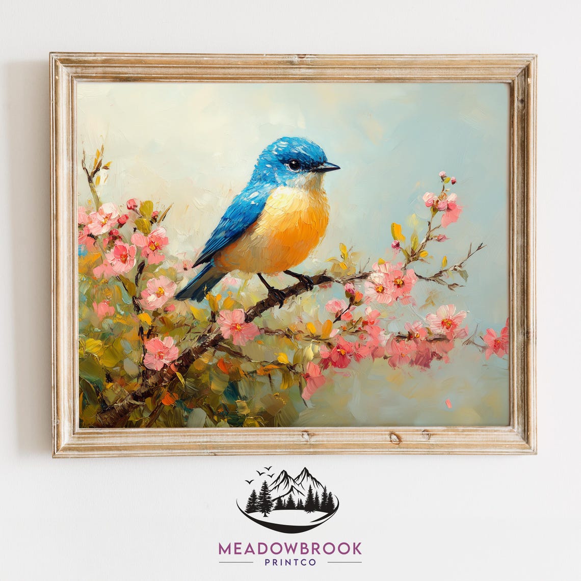 Radiant Bluebird Among Cherry Blooms Soft Blue Sky Spring Poster