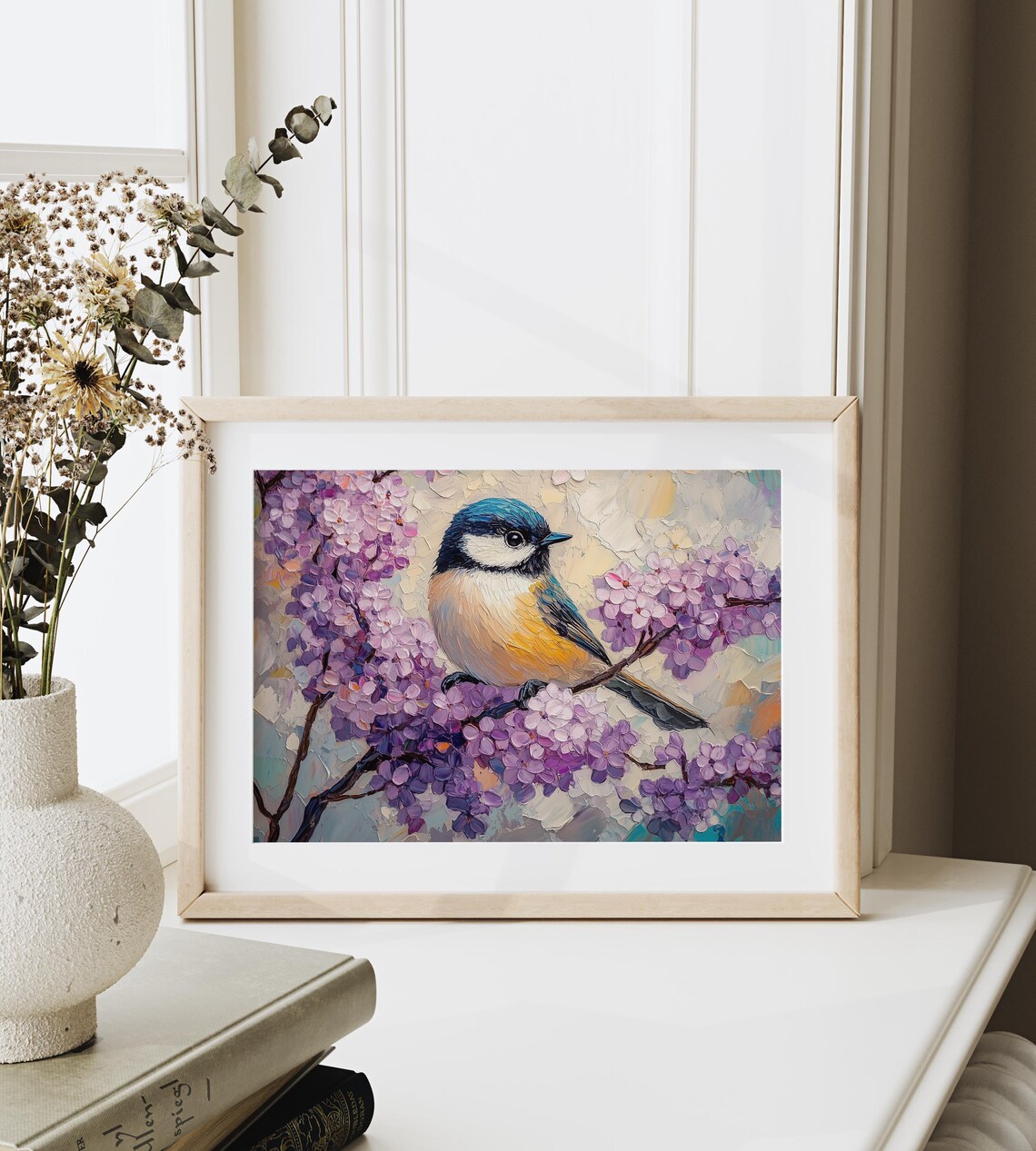 Blue Tit Bird Among Fragrant Purple Lilac Flowers Spring Oil Poster - Image 3
