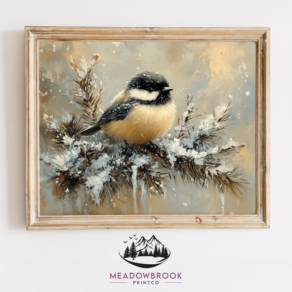 Chickadee Bird Resting on Snowy Pine Branch With Sparkling Icicles