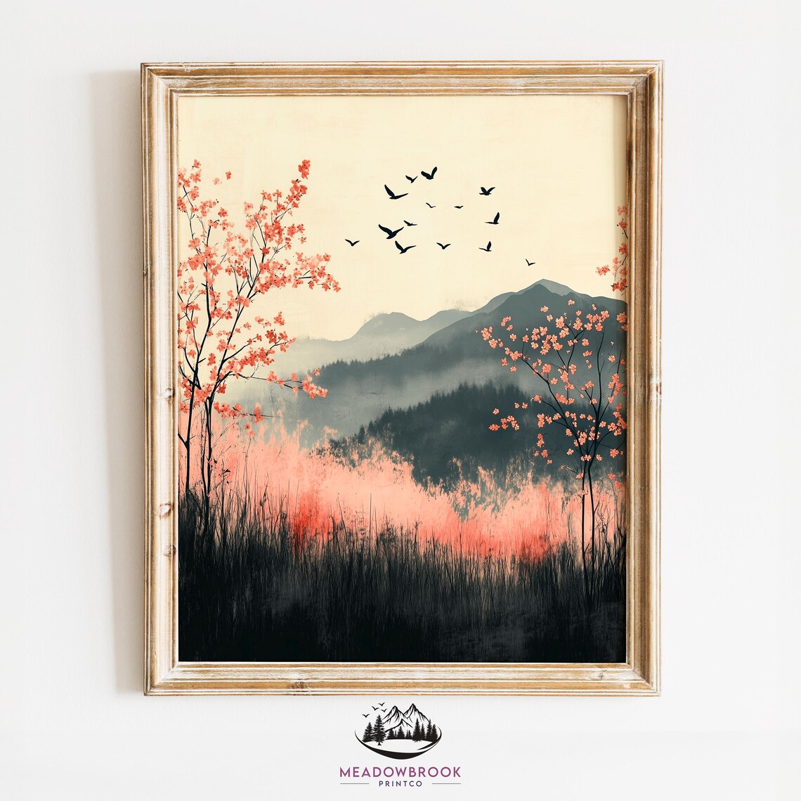 Blossom Trees Birds In Flight Misty Mountain Minimalist Art Poster