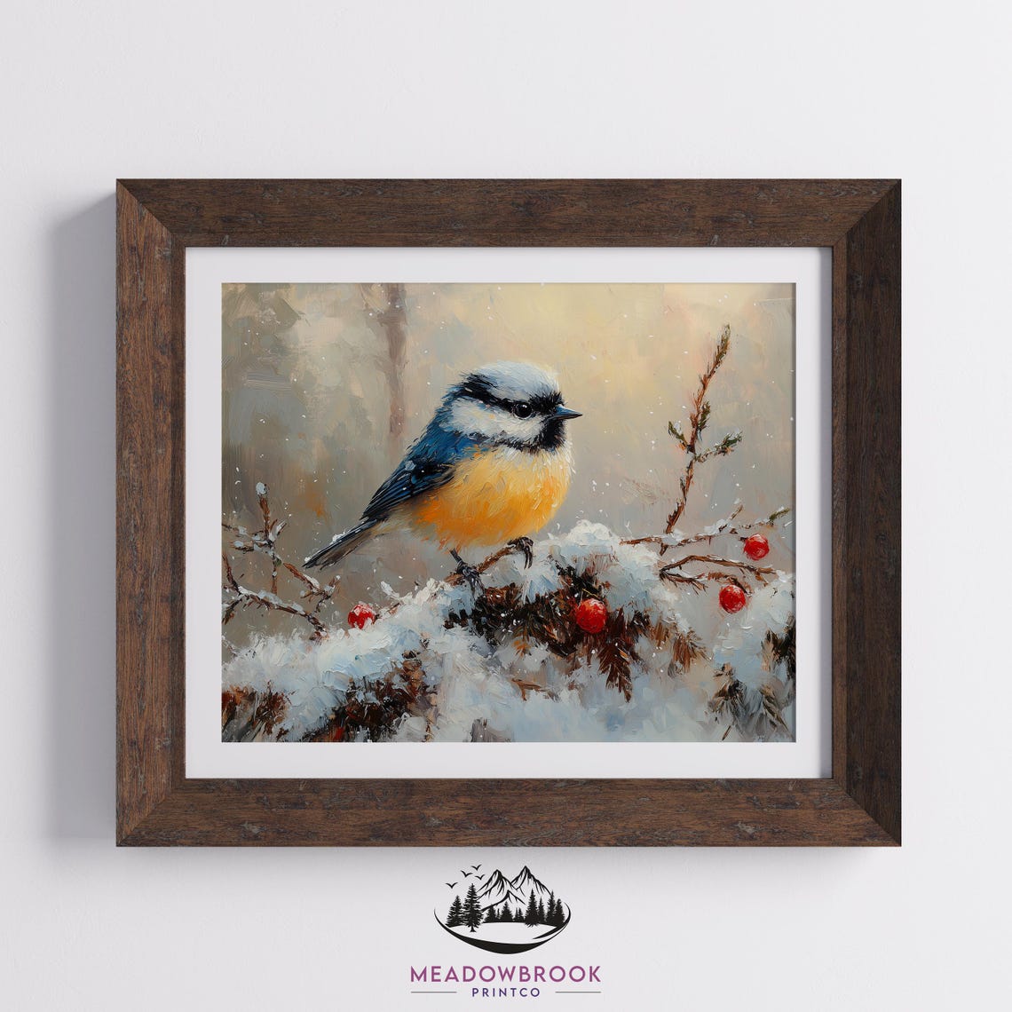 Blue Tit On Snowy Berry Branch Golden Winter Light Bird Art Poster - Image 2