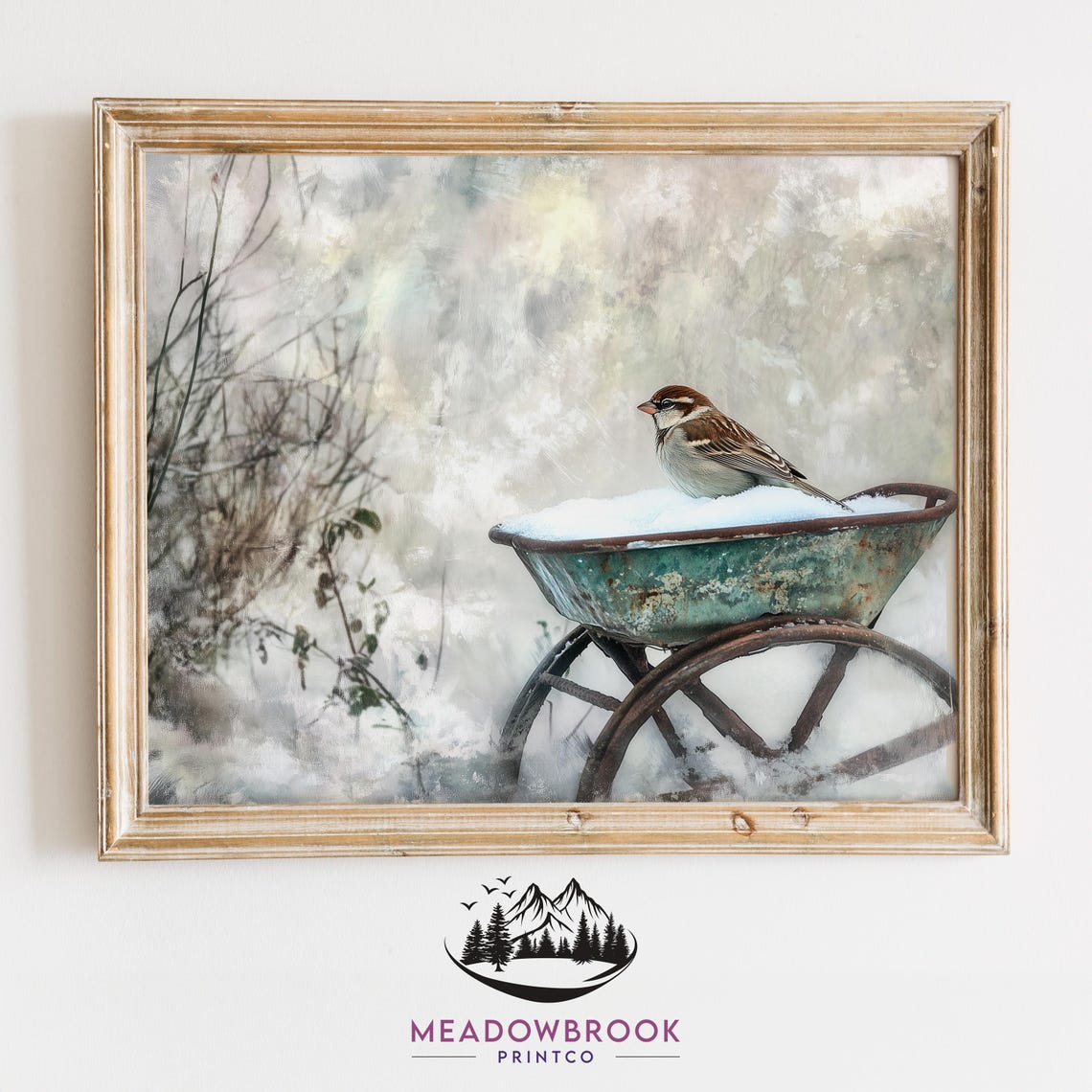 Sparrow On A Rusty Wheelbarrow Snowy Garden Vintage Art Poster