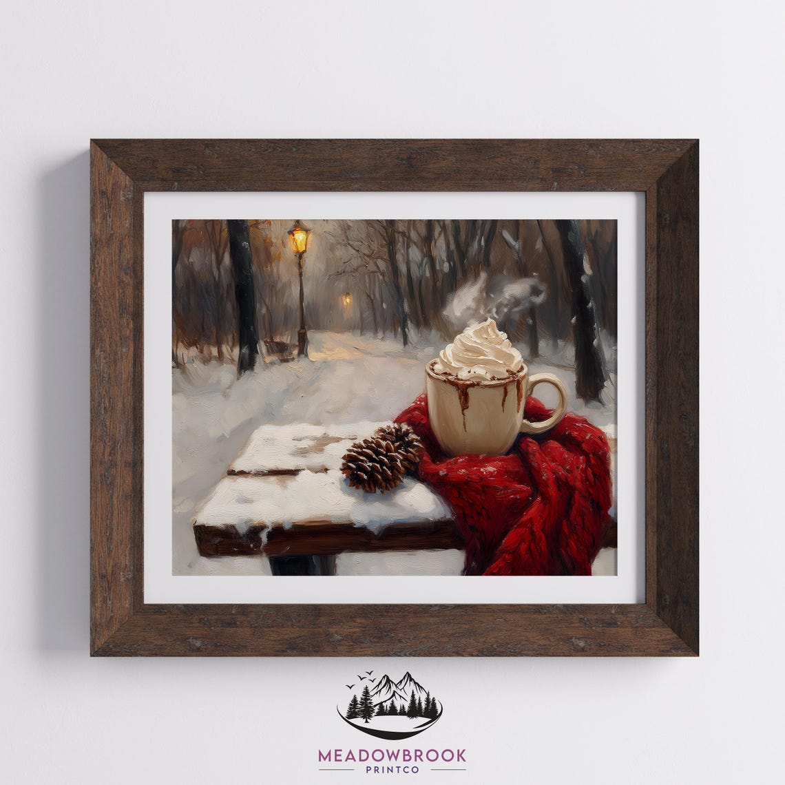Hot Cocoa Whipped Cream Mug On Snowy Bench Winter Park Scene Poster - Image 2