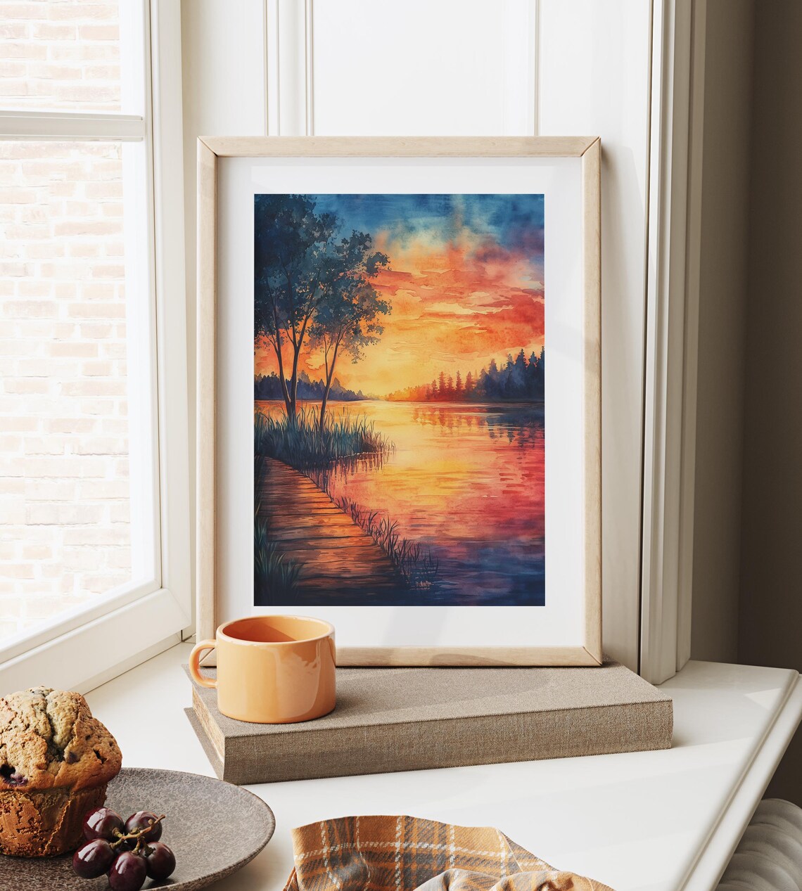 Sunset Boardwalk Path To Shimmering Lake Orange Sky Watercolor Poster - Image 3